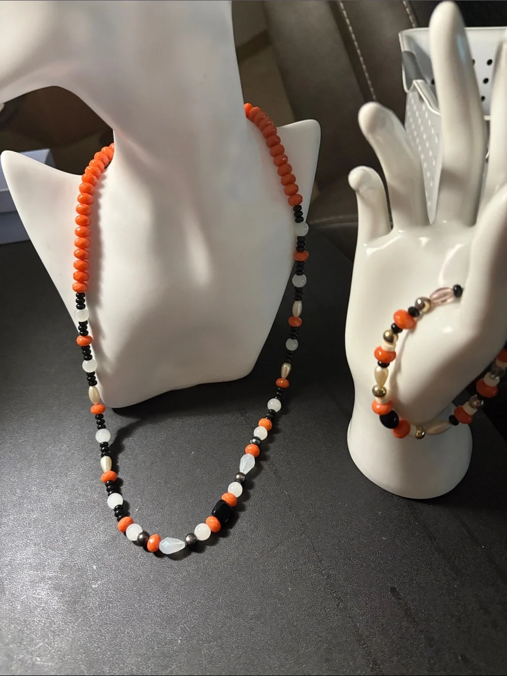 Handcrafted Orange & Black Bead Necklace and Bracelet Set